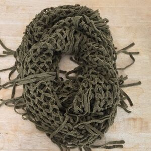 Crochet Olive Green Knit Infinity Scarf with Fringe